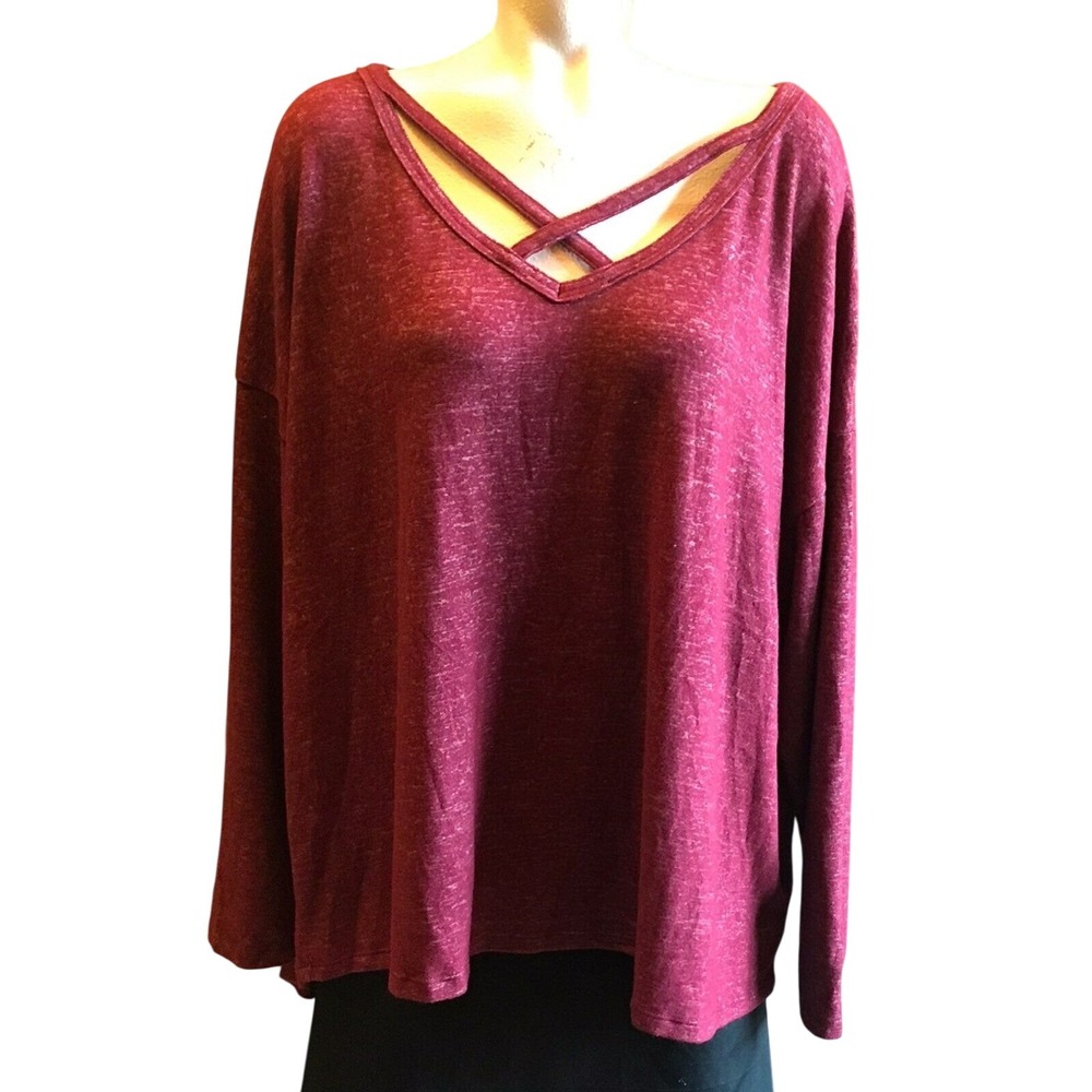 A New Day Women's V Neck Long Sleeve Criss Cross‎ Top, Burgundy